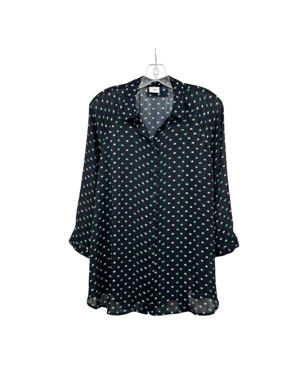 Cabi Womens Sheer Button Up Top Navy/Multi Print 3/4 Sleeve Size Medium